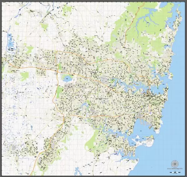 Vector Map Sydney, Australia, printable vector map street City Plan V.3.08.2016 full editable, Adobe Illustrator, full vector, scalable, editable text format street names, 8 mb ZIP