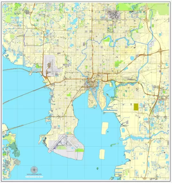 Vector Map Tampa, Florida, US, vector map Adobe Illustrator editable City Plan V3-2016.08, full vector, scalable, editable, text format street names, 9 mb ZIP