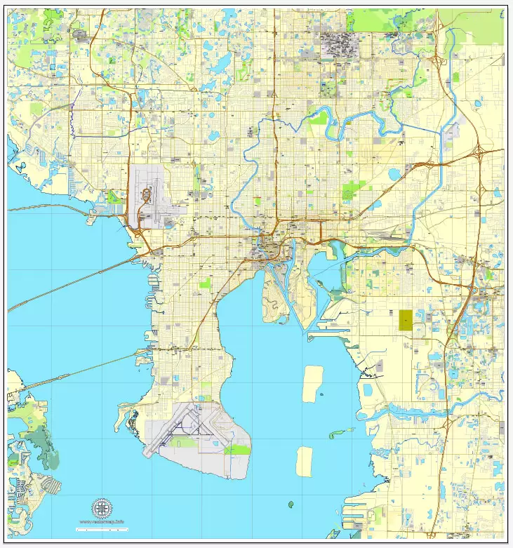 Vector Map Tampa, Florida, US, vector map Adobe Illustrator editable City Plan V3-2016.08, full vector, scalable, editable, text format street names, 9 mb ZIP