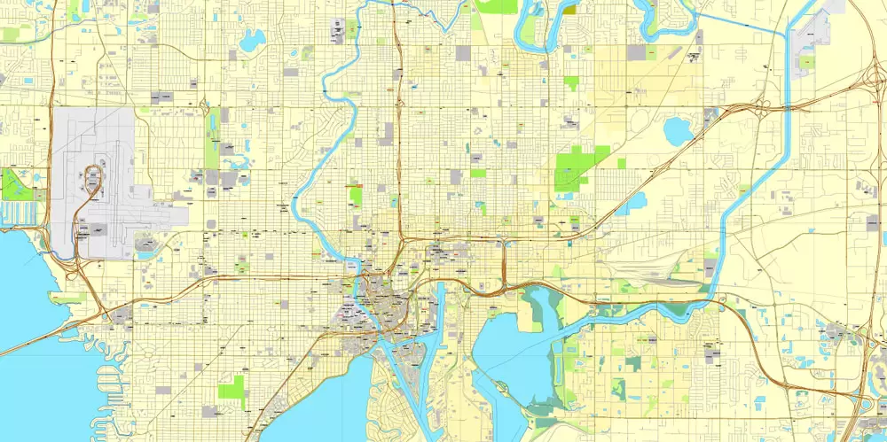 Vector Map Tampa, Florida, US, vector map Adobe Illustrator editable City Plan V3-2016.08, full vector, scalable, editable, text format street names, 9 mb ZIP