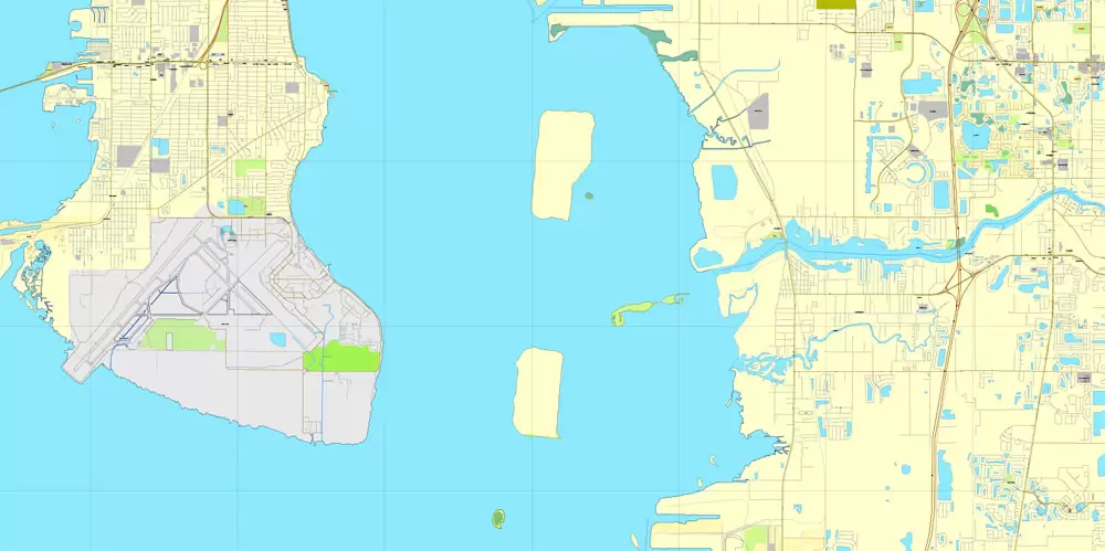 Vector Map Tampa, Florida, US, vector map Adobe Illustrator editable City Plan V3-2016.08, full vector, scalable, editable, text format street names, 9 mb ZIP