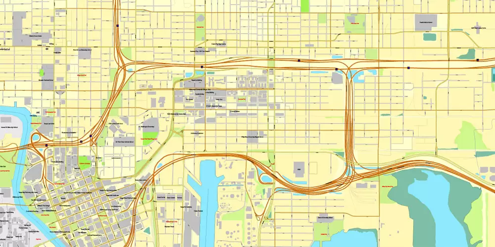 Vector Map Tampa, Florida, US, vector map Adobe Illustrator editable City Plan V3-2016.08, full vector, scalable, editable, text format street names, 9 mb ZIP