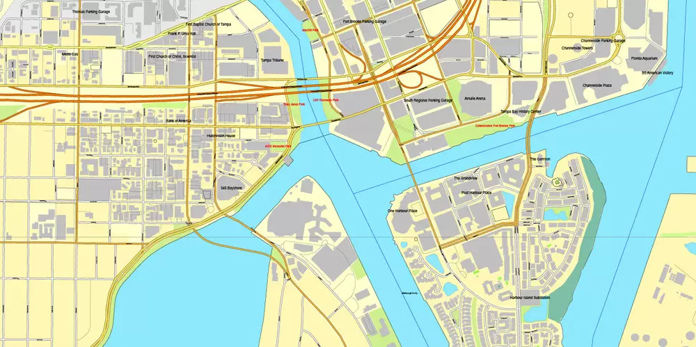 Vector Map Tampa, Florida, US, vector map Adobe Illustrator editable City Plan V3-2016.08, full vector, scalable, editable, text format street names, 9 mb ZIP