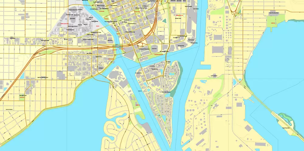 Vector Map Tampa, Florida, US, vector map Adobe Illustrator editable City Plan V3-2016.08, full vector, scalable, editable, text format street names, 9 mb ZIP