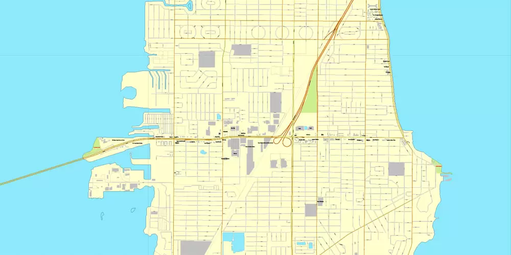 Vector Map Tampa, Florida, US, vector map Adobe Illustrator editable City Plan V3-2016.08, full vector, scalable, editable, text format street names, 9 mb ZIP