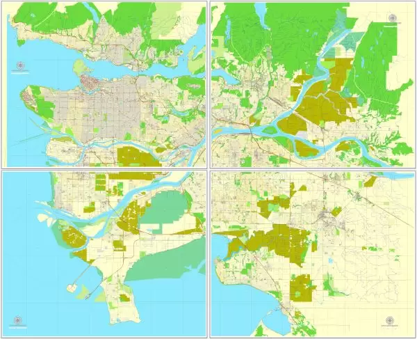 Vector map Vancouver exact map V.3.08: Printable City Plan Map in 4 parts of Vancouver, Canada, Adobe Illustrator, full vector, scalable, editable, separated text layer street names, 29 mb ZIP