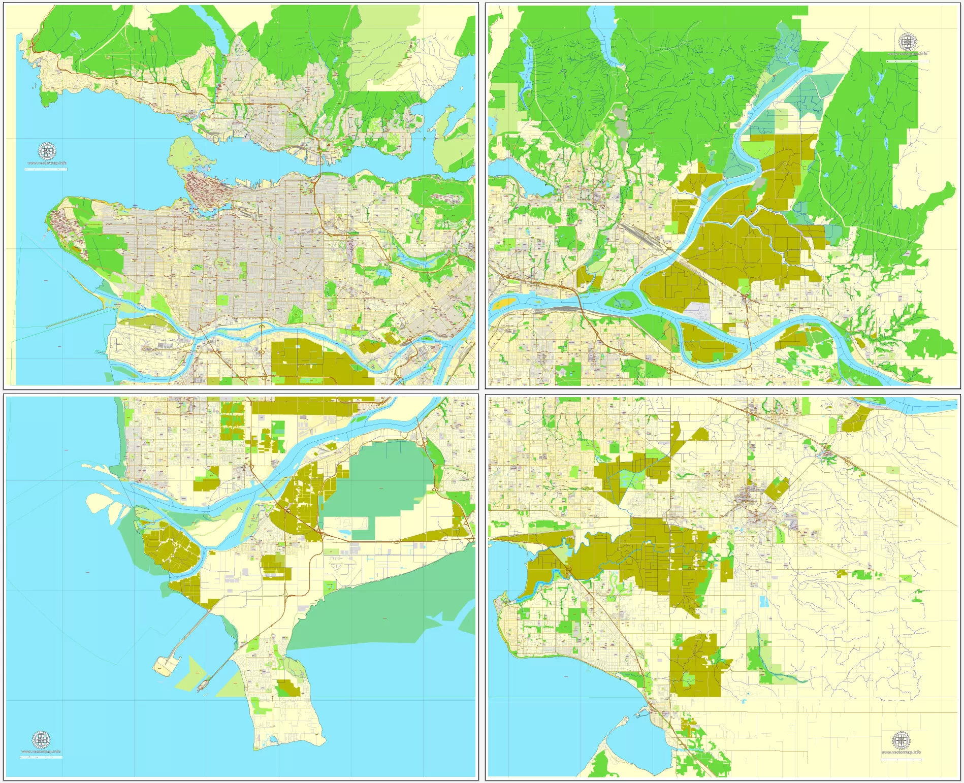 Vector map Vancouver exact map V.3.08: Printable City Plan Map in 4 parts of Vancouver, Canada, Adobe Illustrator, full vector, scalable, editable, separated text layer street names, 29 mb ZIP
