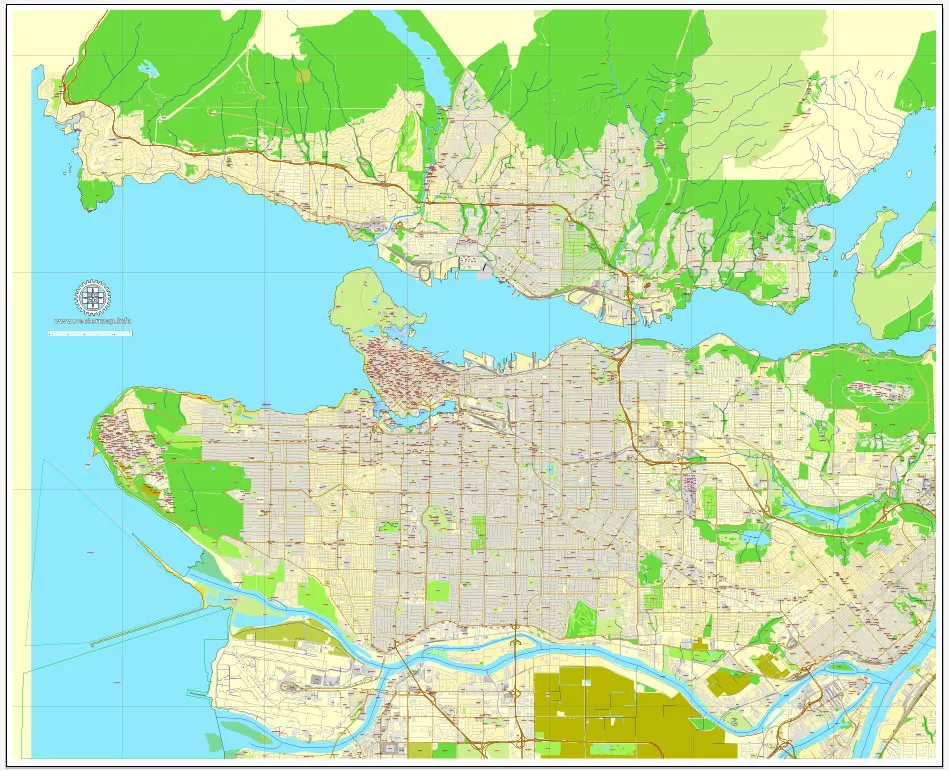 Vector map Vancouver exact map V.3.08: Printable City Plan Map in 4 parts of Greater Vancouver, Canada, Adobe Illustrator, full vector, scalable, editable, separated text layer street names, 29 mb ZIP