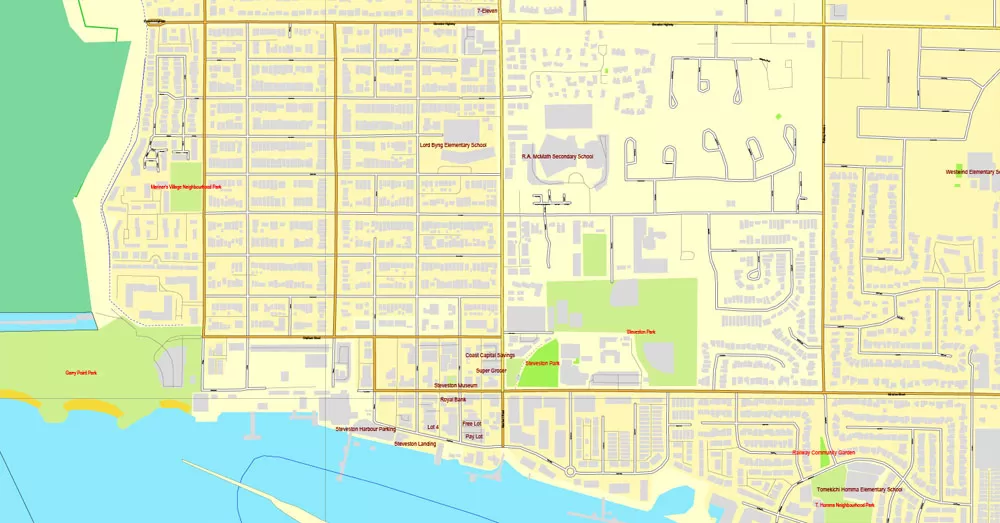 Vector map Vancouver exact map V.3.08: Printable City Plan Map in 4 parts of Greater Vancouver, Canada, Adobe Illustrator, full vector, scalable, editable, separated text layer street names, 29 mb ZIP
