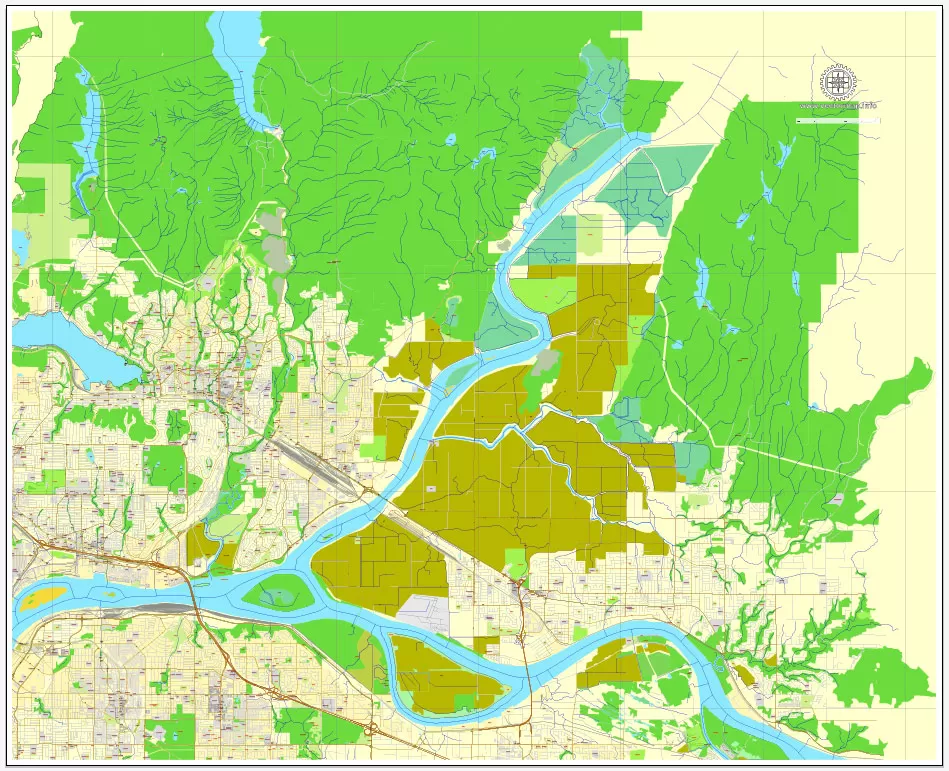 Vector map Vancouver exact map V.3.08: Printable City Plan Map in 4 parts of Greater Vancouver, Canada, Adobe Illustrator, full vector, scalable, editable, separated text layer street names, 29 mb ZIP