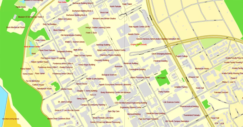 Vector map Vancouver exact map V.3.08: Printable City Plan Map in 4 parts of Greater Vancouver, Canada, Adobe Illustrator, full vector, scalable, editable, separated text layer street names, 29 mb ZIP