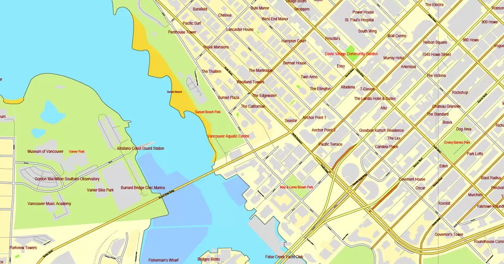 Vector map Vancouver exact map V.3.08: Printable City Plan Map in 4 parts of Greater Vancouver, Canada, Adobe Illustrator, full vector, scalable, editable, separated text layer street names, 29 mb ZIP