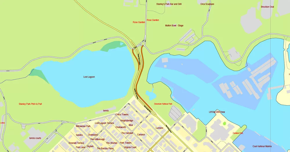 Vector map Vancouver exact map V.3.08: Printable City Plan Map in 4 parts of Greater Vancouver, Canada, Adobe Illustrator, full vector, scalable, editable, separated text layer street names, 29 mb ZIP