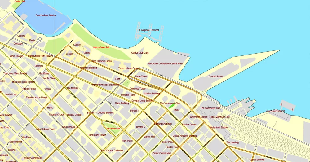 Vector map Vancouver exact map V.3.08: Printable City Plan Map in 4 parts of Greater Vancouver, Canada, Adobe Illustrator, full vector, scalable, editable, separated text layer street names, 29 mb ZIP