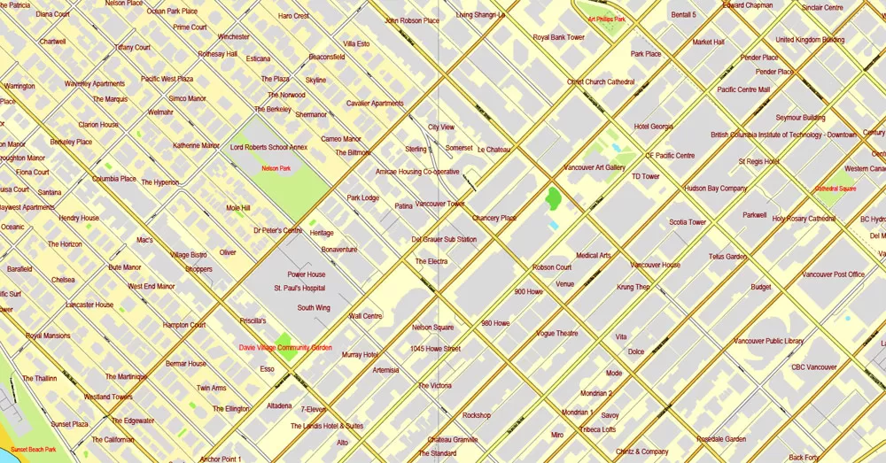 Vector map Vancouver exact map V.3.08: Printable City Plan Map in 4 parts of Greater Vancouver, Canada, Adobe Illustrator, full vector, scalable, editable, separated text layer street names, 29 mb ZIP