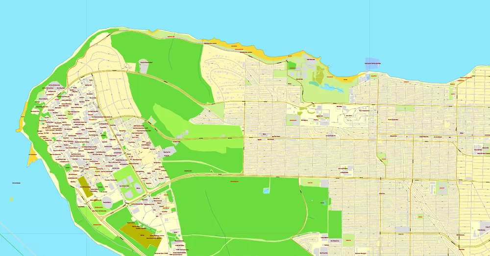 Vector map Vancouver exact map V.3.08: Printable City Plan Map in 4 parts of Greater Vancouver, Canada, Adobe Illustrator, full vector, scalable, editable, separated text layer street names, 29 mb ZIP