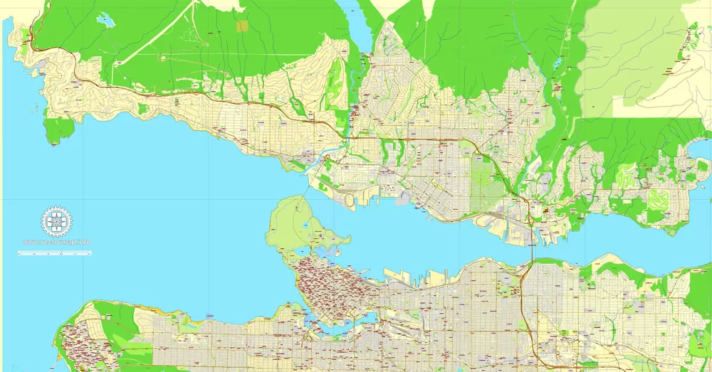 Vector map Vancouver exact map V.3.08: Printable City Plan Map in 4 parts of Greater Vancouver, Canada, Adobe Illustrator, full vector, scalable, editable, separated text layer street names, 29 mb ZIP