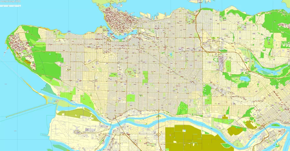 Vector map Vancouver exact map V.3.08: Printable City Plan Map in 4 parts of Greater Vancouver, Canada, Adobe Illustrator, full vector, scalable, editable, separated text layer street names, 29 mb ZIP