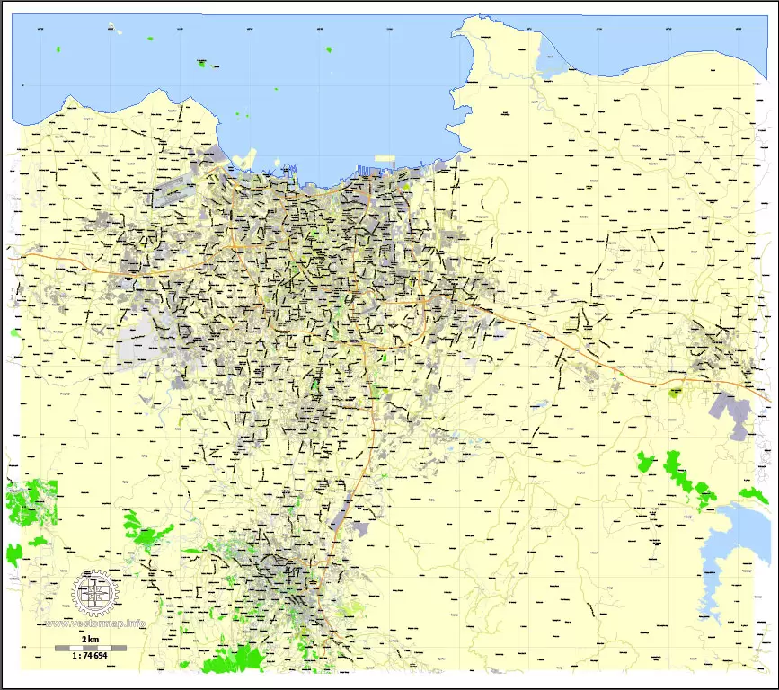 Printable Map Jakarta Grande, Indonesia, exact vector map G-View level 13 (2.000 meters) street City Plan full editable, Adobe Illustrator, full vector, scalable, editable text format street names, 11 mb ZIP