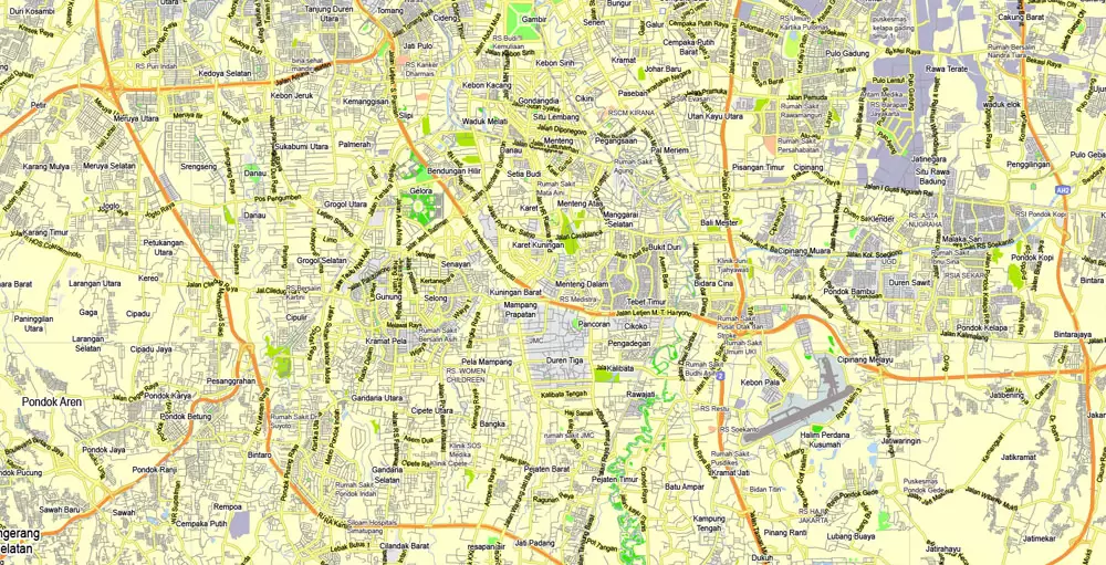 Printable Map Jakarta Grande, Indonesia, exact vector map G-View level 13 (2.000 meters) street City Plan full editable, Adobe Illustrator, full vector, scalable, editable text format street names, 11 mb ZIP