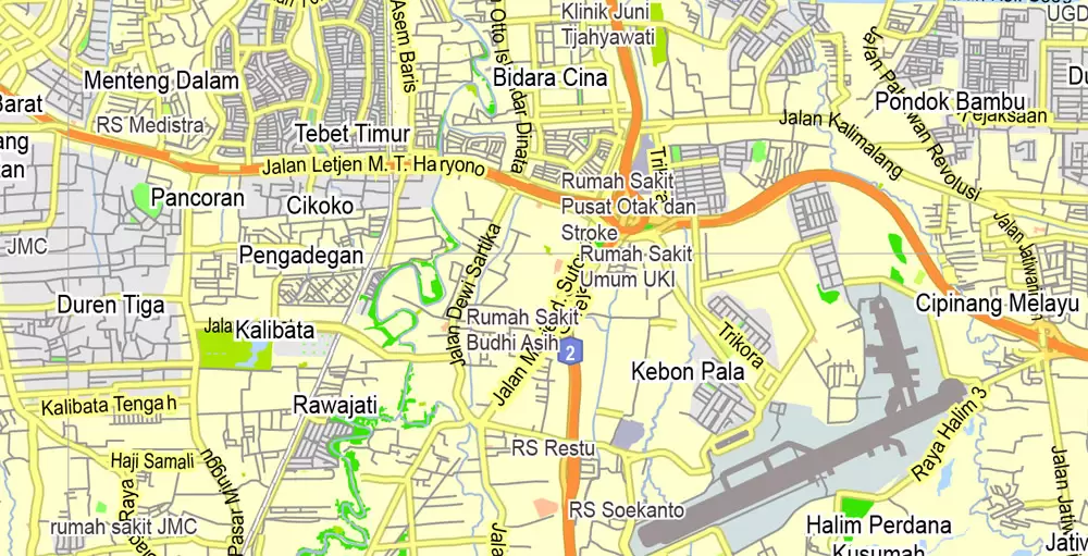 Printable Map Jakarta Grande, Indonesia, exact vector map G-View level 13 (2.000 meters) street City Plan full editable, Adobe Illustrator, full vector, scalable, editable text format street names, 11 mb ZIP