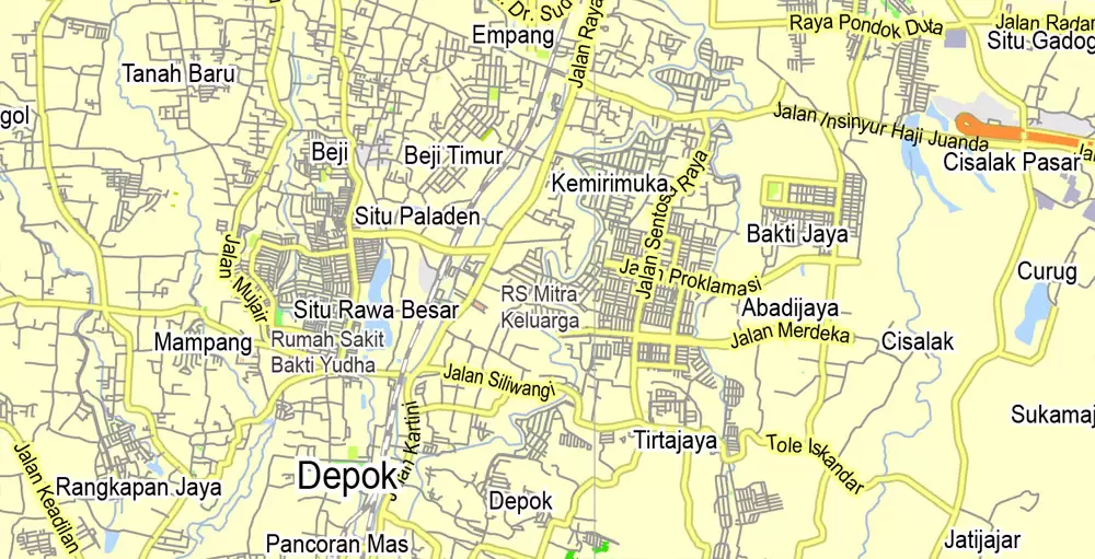 Printable Map Jakarta Grande, Indonesia, exact vector map G-View level 13 (2.000 meters) street City Plan full editable, Adobe Illustrator, full vector, scalable, editable text format street names, 11 mb ZIP