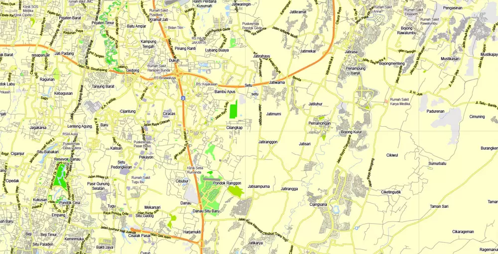 Printable Map Jakarta Grande, Indonesia, exact vector map G-View level 13 (2.000 meters) street City Plan full editable, Adobe Illustrator, full vector, scalable, editable text format street names, 11 mb ZIP