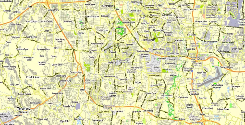Printable Map Jakarta Grande, Indonesia, exact vector map G-View level 13 (2.000 meters) street City Plan full editable, Adobe Illustrator, full vector, scalable, editable text format street names, 11 mb ZIP