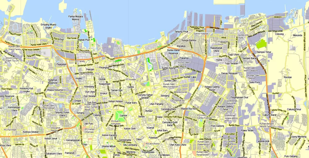 Printable Map Jakarta Grande, Indonesia, exact vector map G-View level 13 (2.000 meters) street City Plan full editable, Adobe Illustrator, full vector, scalable, editable text format street names, 11 mb ZIP
