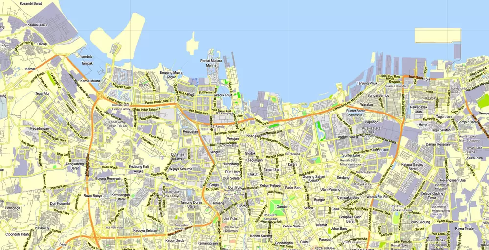 Printable Map Jakarta Grande, Indonesia, exact vector map G-View level 13 (2.000 meters) street City Plan full editable, Adobe Illustrator, full vector, scalable, editable text format street names, 11 mb ZIP