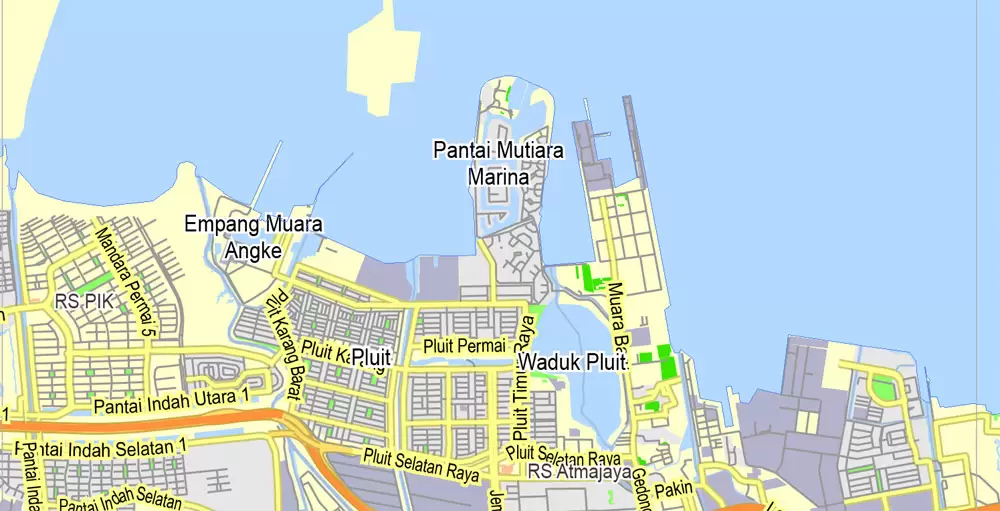 Printable Map Jakarta Grande, Indonesia, exact vector map G-View level 13 (2.000 meters) street City Plan full editable, Adobe Illustrator, full vector, scalable, editable text format street names, 11 mb ZIP