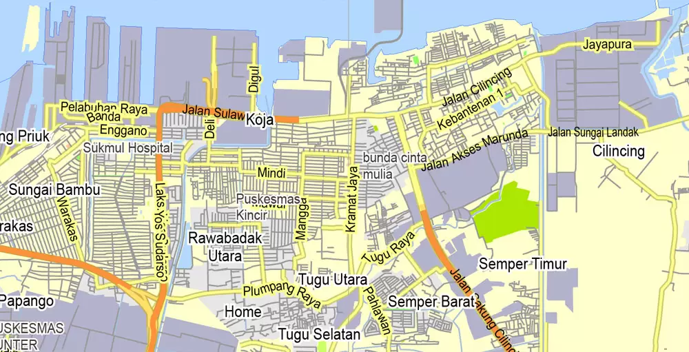 Printable Map Jakarta Grande, Indonesia, exact vector map G-View level 13 (2.000 meters) street City Plan full editable, Adobe Illustrator, full vector, scalable, editable text format street names, 11 mb ZIP