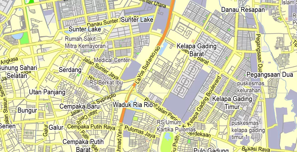 Printable Map Jakarta Grande, Indonesia, exact vector map G-View level 13 (2.000 meters) street City Plan full editable, Adobe Illustrator, full vector, scalable, editable text format street names, 11 mb ZIP