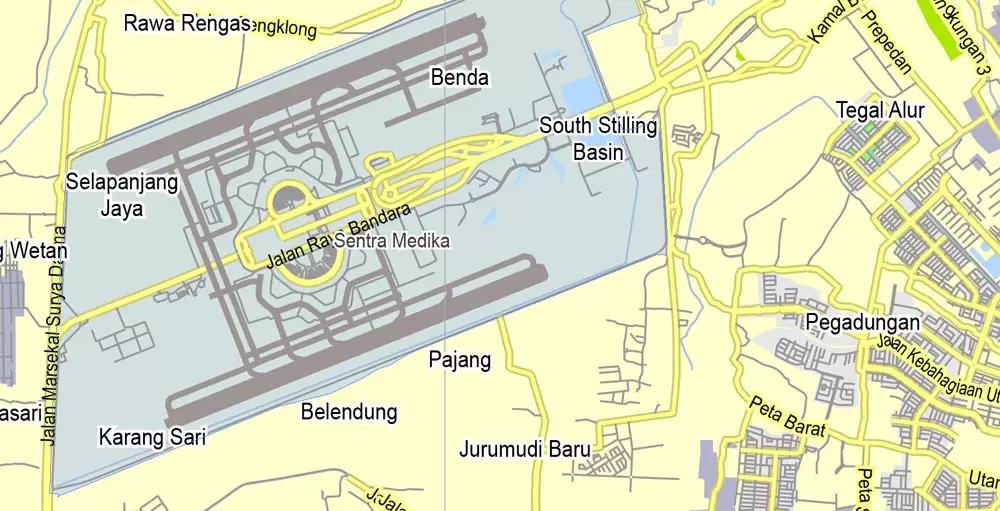 Printable Map Jakarta Grande, Indonesia, exact vector map G-View level 13 (2.000 meters) street City Plan full editable, Adobe Illustrator, full vector, scalable, editable text format street names, 11 mb ZIP