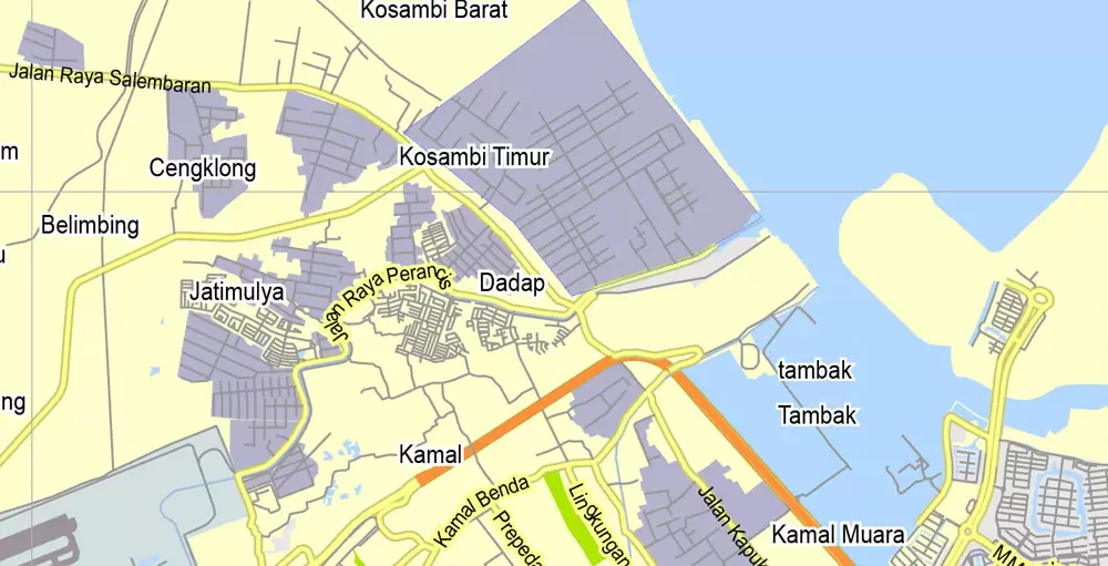 Printable Map Jakarta Grande, Indonesia, exact vector map G-View level 13 (2.000 meters) street City Plan full editable, Adobe Illustrator, full vector, scalable, editable text format street names, 11 mb ZIP