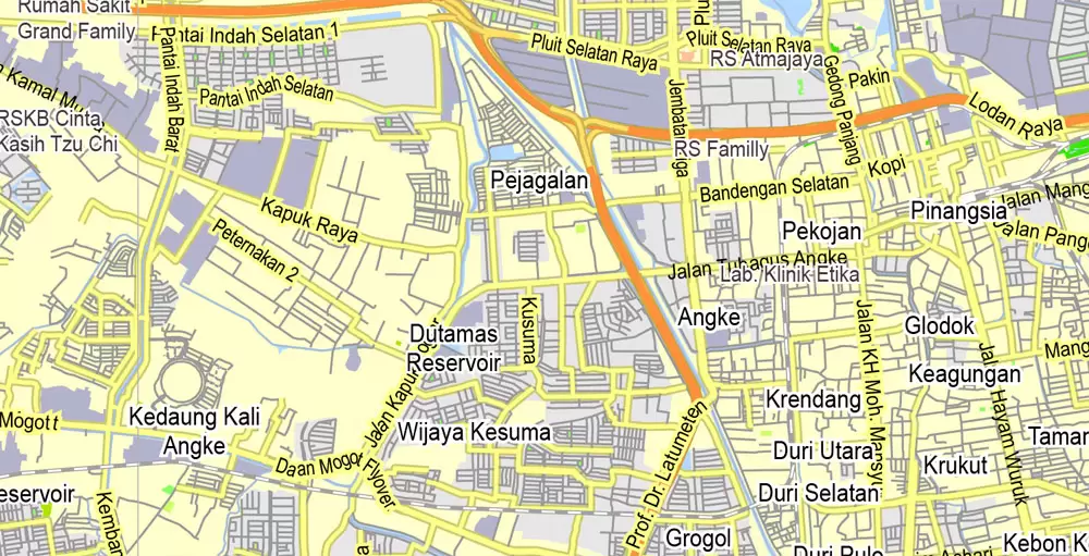 Printable Map Jakarta Grande, Indonesia, exact vector map G-View level 13 (2.000 meters) street City Plan full editable, Adobe Illustrator, full vector, scalable, editable text format street names, 11 mb ZIP