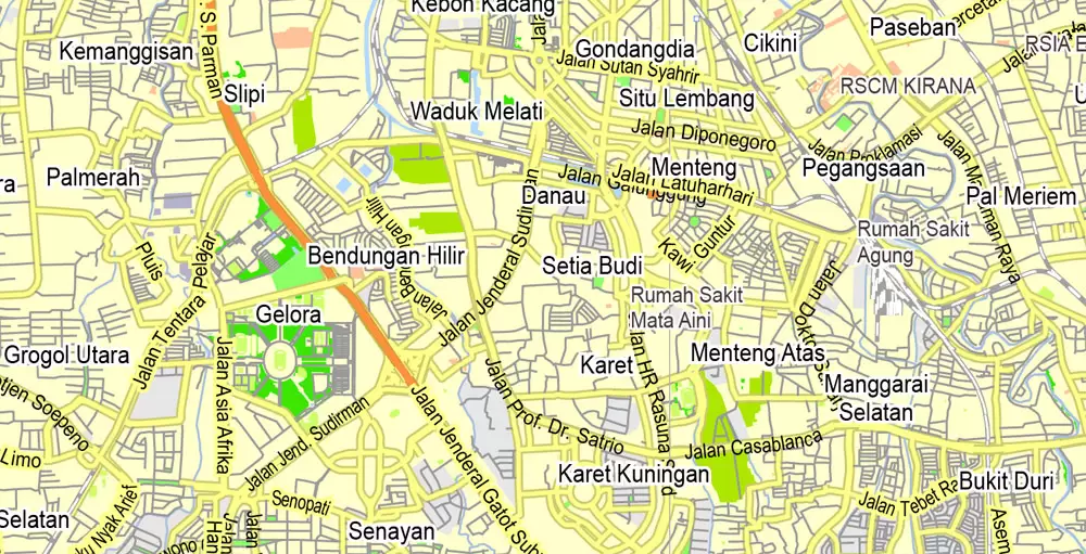 Printable Map Jakarta Grande, Indonesia, exact vector map G-View level 13 (2.000 meters) street City Plan full editable, Adobe Illustrator, full vector, scalable, editable text format street names, 11 mb ZIP