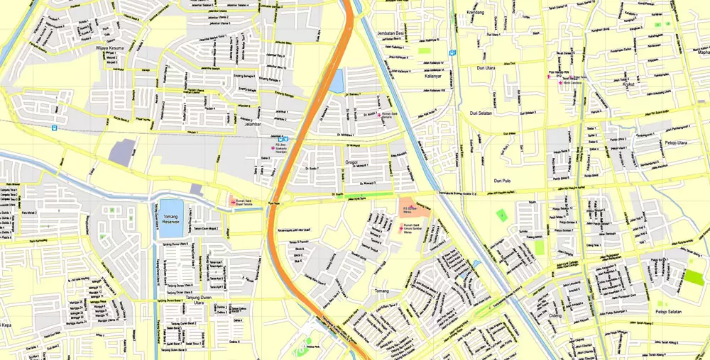 Printable Map Jakarta, Indonesia, exact vector map G-View level 16 (250 meters) street City Plan full editable, Adobe Illustrator, full vector, scalable, editable text format street names, 19 mb ZIP
