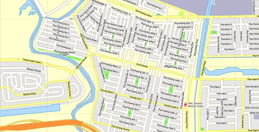 Printable Map Jakarta, Indonesia, exact vector map G-View level 16 (250 meters) street City Plan full editable, Adobe Illustrator, full vector, scalable, editable text format street names, 19 mb ZIP