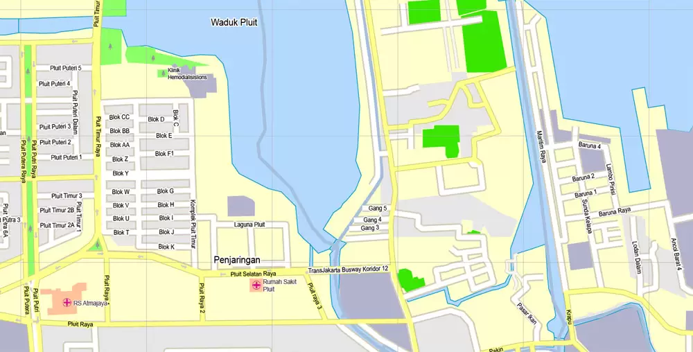 Printable Map Jakarta, Indonesia, exact vector map G-View level 16 (250 meters) street City Plan full editable, Adobe Illustrator, full vector, scalable, editable text format street names, 19 mb ZIP