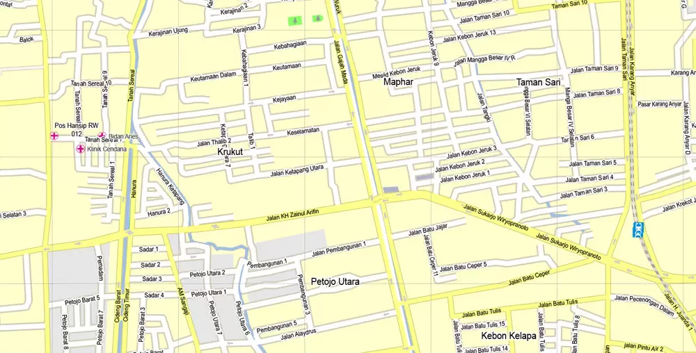 Printable Map Jakarta, Indonesia, exact vector map G-View level 16 (250 meters) street City Plan full editable, Adobe Illustrator, full vector, scalable, editable text format street names, 19 mb ZIP