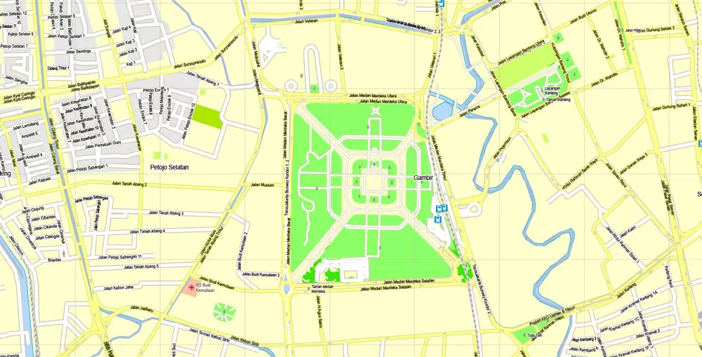 Printable Map Jakarta, Indonesia, exact vector map G-View level 16 (250 meters) street City Plan full editable, Adobe Illustrator, full vector, scalable, editable text format street names, 19 mb ZIP