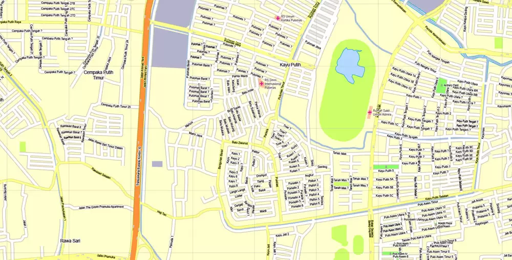 Printable Map Jakarta, Indonesia, exact vector map G-View level 16 (250 meters) street City Plan full editable, Adobe Illustrator, full vector, scalable, editable text format street names, 19 mb ZIP