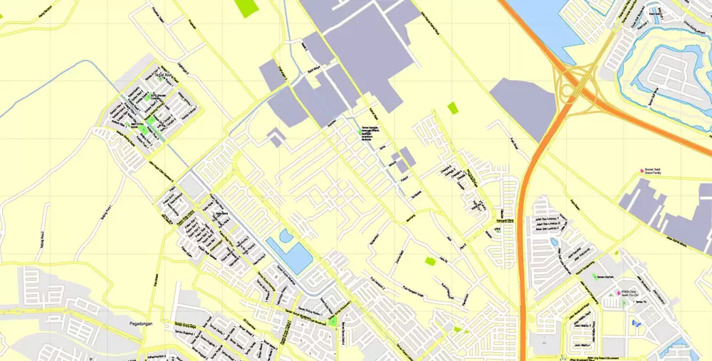 Printable Map Jakarta, Indonesia, exact vector map G-View level 16 (250 meters) street City Plan full editable, Adobe Illustrator, full vector, scalable, editable text format street names, 19 mb ZIP