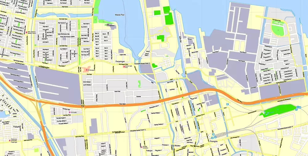 Printable Map Jakarta, Indonesia, exact vector map G-View level 16 (250 meters) street City Plan full editable, Adobe Illustrator, full vector, scalable, editable text format street names, 19 mb ZIP