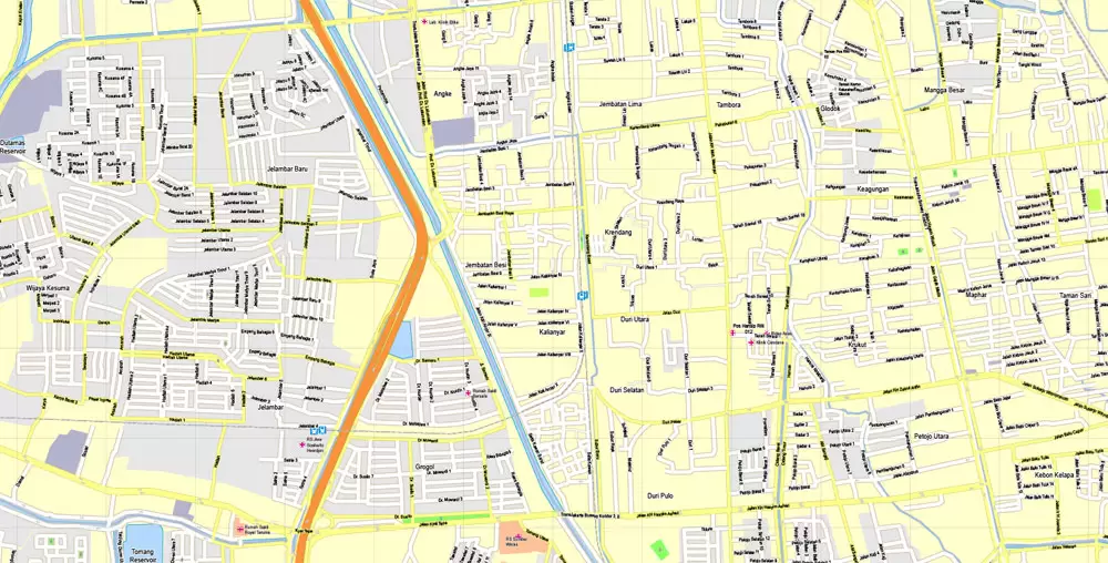 Printable Map Jakarta, Indonesia, exact vector map G-View level 16 (250 meters) street City Plan full editable, Adobe Illustrator, full vector, scalable, editable text format street names, 19 mb ZIP