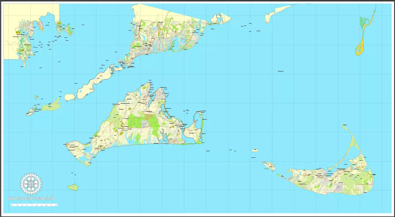 Printable map Nantucket and Martha's Vineyard Islands, Massachusetts, US, printable vector map street City Plan V.3.09 full editable, Adobe Illustrator, full vector, scalable, editable text format street names, 14 mb ZIP