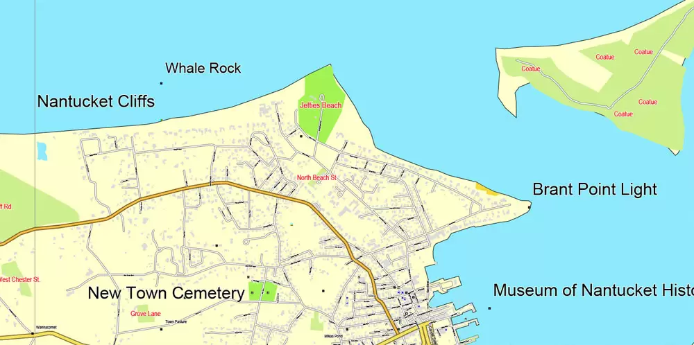 Printable map Nantucket and Martha's Vineyard Islands, Massachusetts, US, printable vector map street City Plan V.3.09 full editable, Adobe Illustrator, full vector, scalable, editable text format street names, 14 mb ZIP