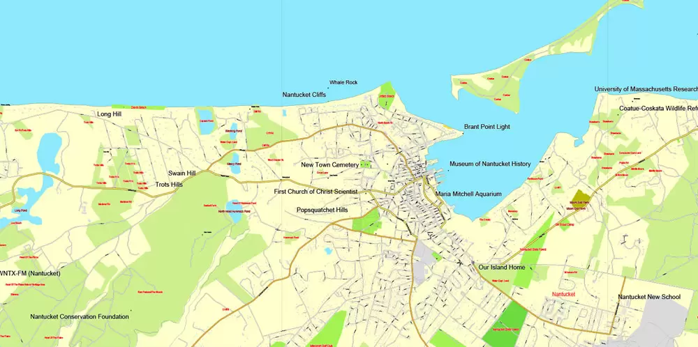 Printable map Nantucket and Martha's Vineyard Islands, Massachusetts, US, printable vector map street City Plan V.3.09 full editable, Adobe Illustrator, full vector, scalable, editable text format street names, 14 mb ZIP