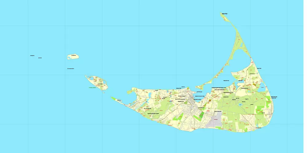 Printable map Nantucket and Martha's Vineyard Islands, Massachusetts, US, printable vector map street City Plan V.3.09 full editable, Adobe Illustrator, full vector, scalable, editable text format street names, 14 mb ZIP